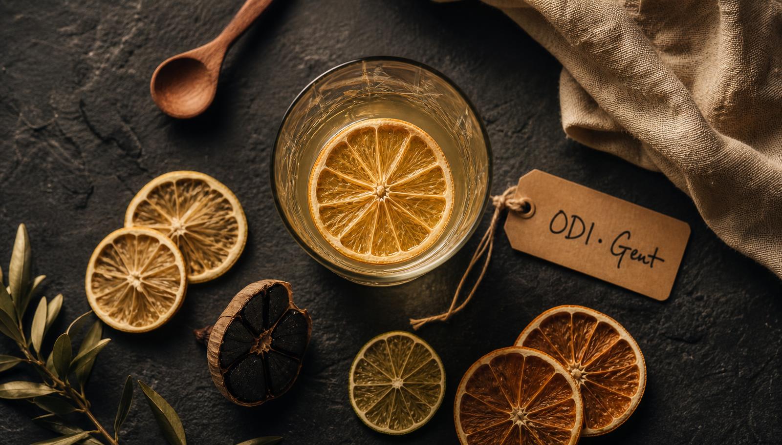 ODI in doorsnede: gedroogde citroen, limoen, appelsien en black garlic rond een glas, met een kraft label ODI · Gent