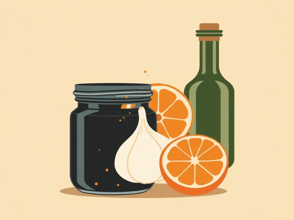 Tekening bij Vinaigrette van black garlic en appelsien